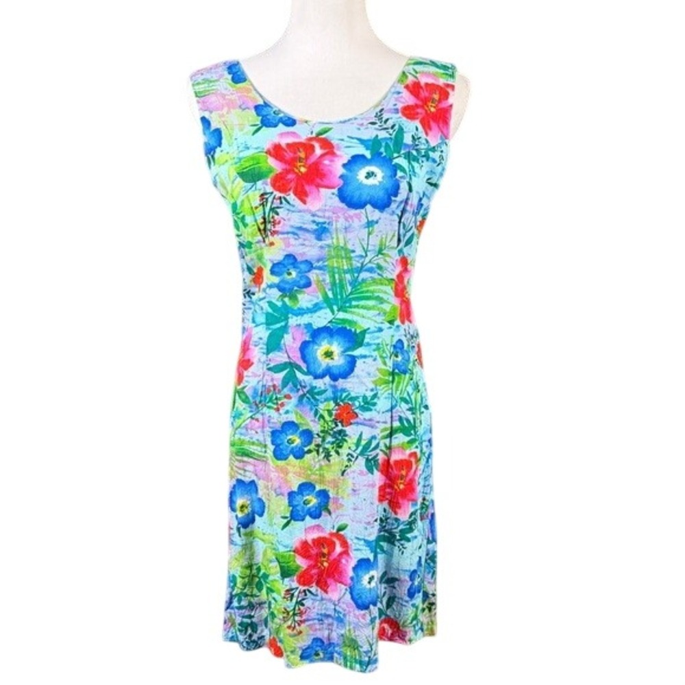 Jams World Petit Fleur Floral Crinkle Rayon Sleeveless Shift Dress Blue Large
